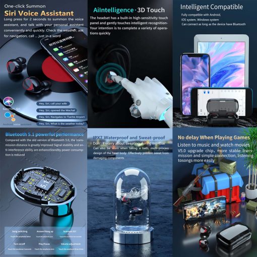 FocusFit Wireless BT5.1 TWS 3D Stereo Music Gaming Earphones Waterproof
